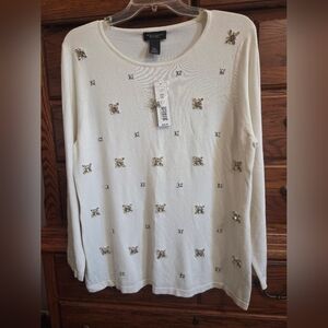 Investments PETITE Cream Embellished Long Sleeve Top